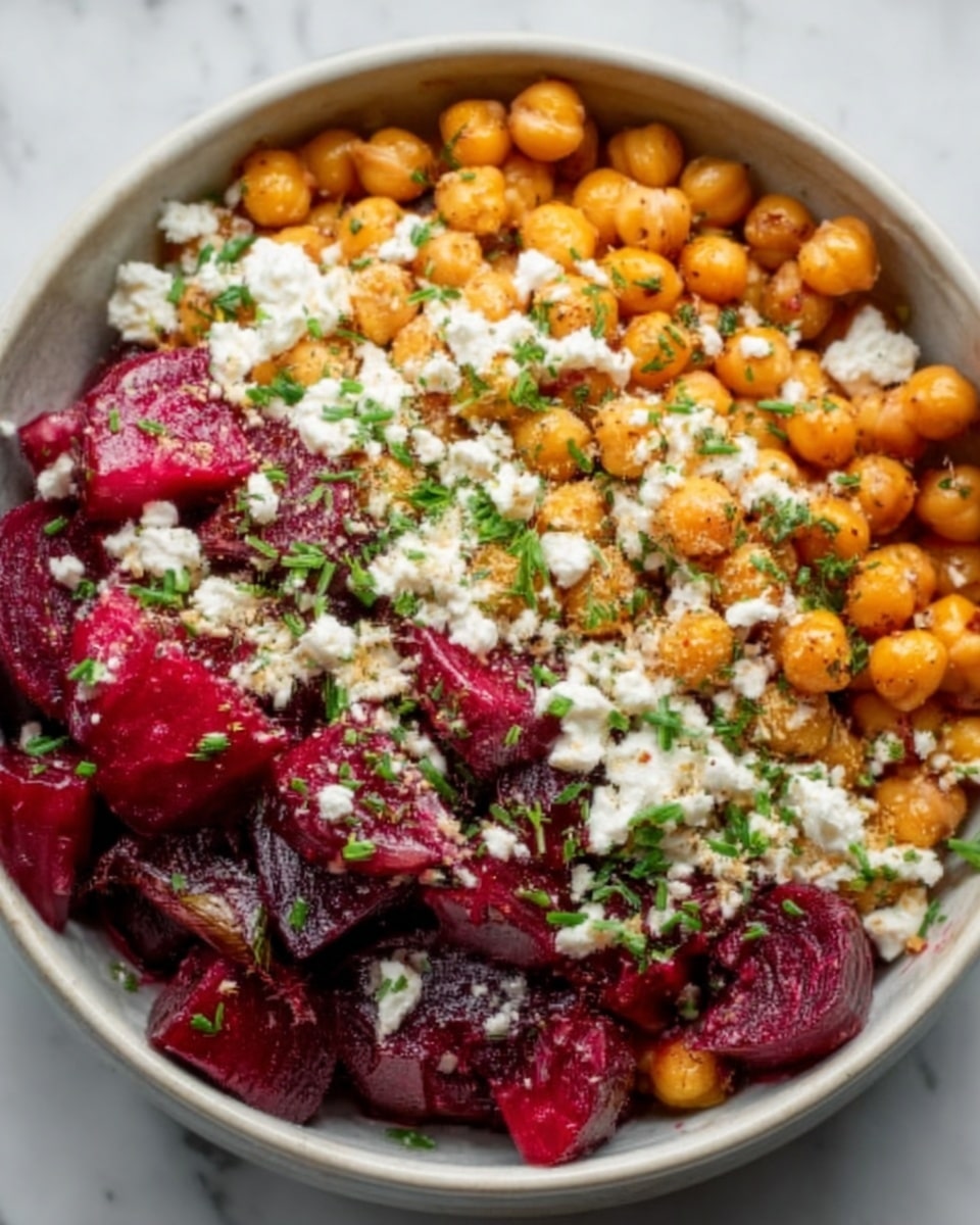 A white bowl filled with a colorful chickpea salad, layered with bright orange chickpeas, deep red beet chunks, and crumbled white cheese on top. Fresh green herbs are scattered over the salad, adding pops of bright color. The textures range from soft beet pieces to firm chickpeas and crumbly cheese, all sitting on a white marbled surface. Photo taken with an iphone --ar 4:5 --v 7