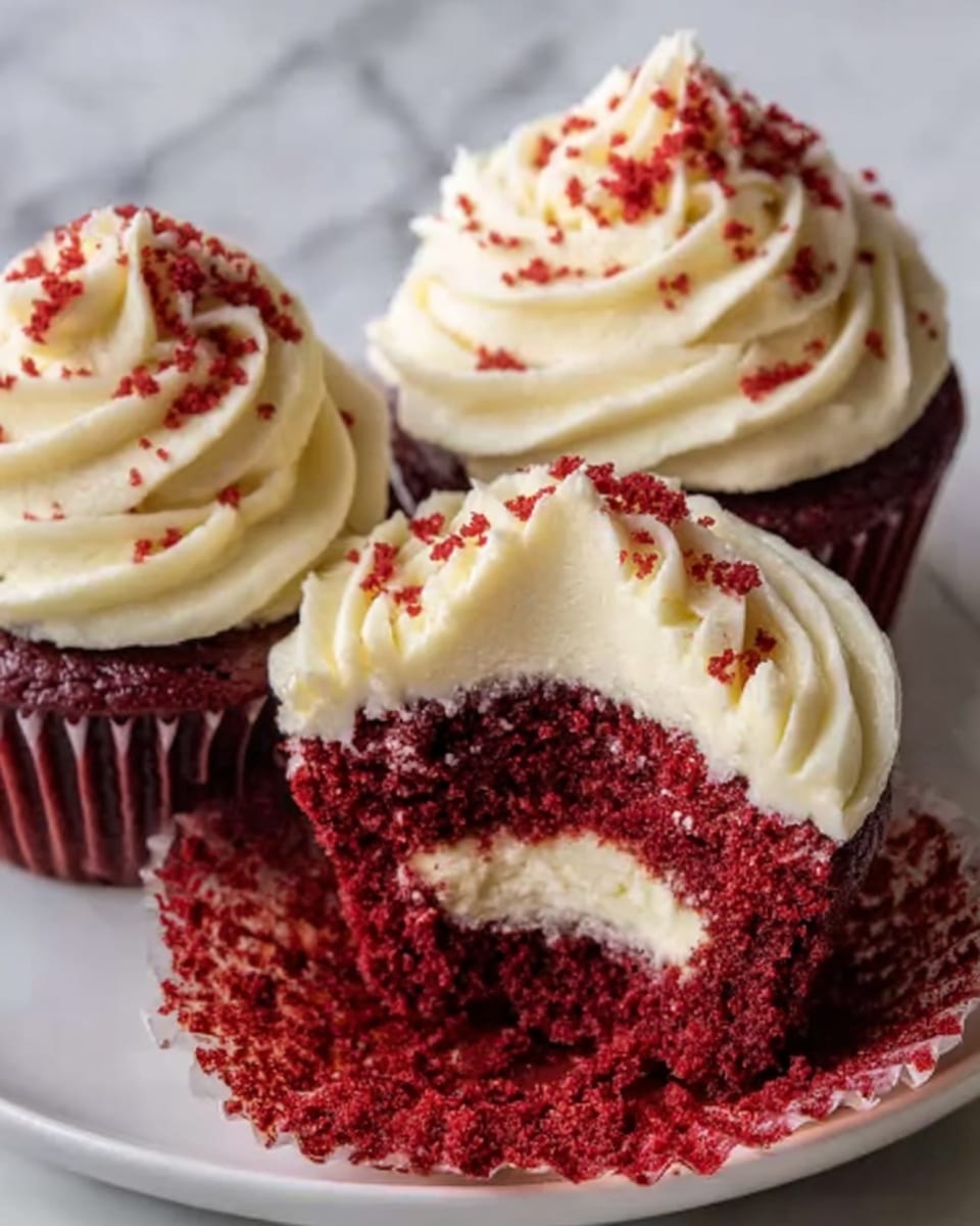 A close-up of three red velvet cupcakes on a white plate, each topped with creamy off-white frosting swirled to a soft peak and sprinkled with small red crumbs. The cupcake in the front is unwrapped at the bottom, showing rich red layers of cake with a thick middle layer of smooth white cream filling. The texture of the cake looks moist and dense, while the frosting is light and fluffy. The scene is set against a background of white marbled texture, with soft natural lighting highlighting the colors and details. Photo taken with an iphone --ar 4:5 --v 7
