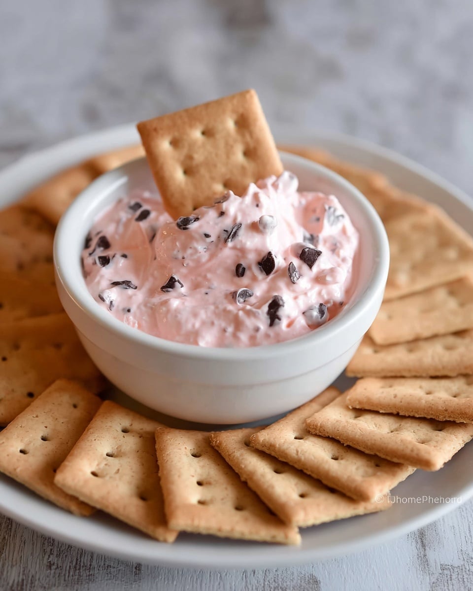 A white small round ramekin filled with a creamy pink dip mixed with small dark bits is placed in the center of a white plate. Around the ramekin, there is a neat circle of light brown graham cracker pieces laid flat, each piece showing a rough texture and tiny holes. One graham cracker piece is standing upright, partially dipped into the pink dip, leaning slightly to the right. The background is a white marbled texture. photo taken with an iphone --ar 4:5 --v 7