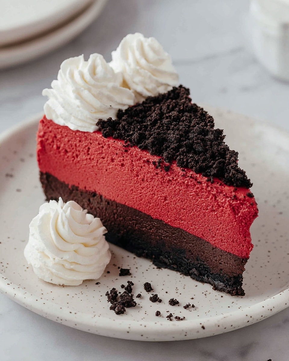 A slice of three-layer dessert is placed on a white plate with black speckles, set on a white marbled surface. The bottom layer is a dark, crumbly chocolate crust. Above it is a thick, smooth red mousse layer, rich in color and texture. The top layer is a fine, dark chocolate crumb covering half of the surface, with the other half decorated with fluffy white whipped cream swirls. Some crumbs are scattered around the plate. Photo taken with an iphone --ar 4:5 --v 7