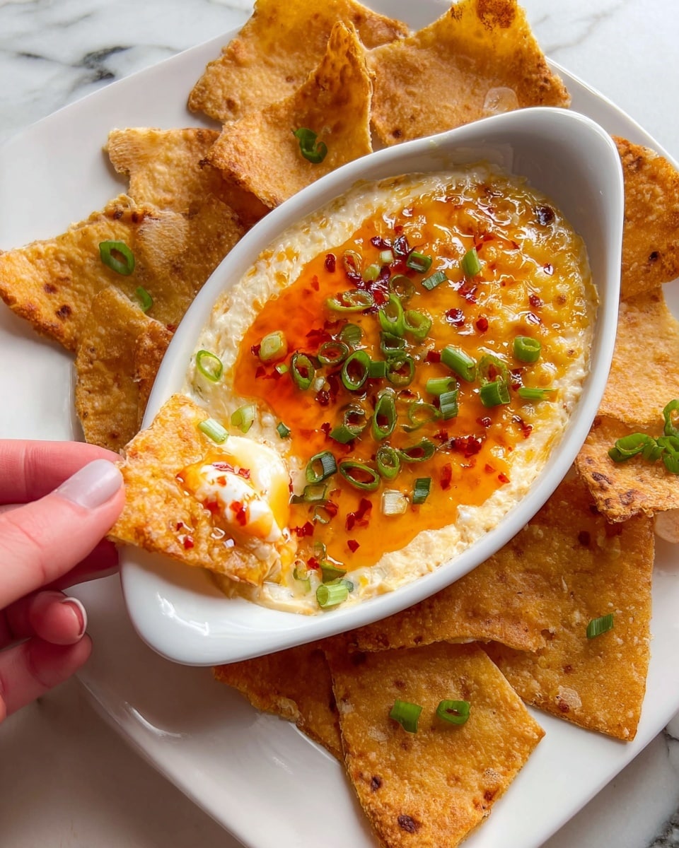 The image shows a white oval dish filled with a creamy, light-colored cheesy dip topped thickly with a shiny, bright orange sweet chili sauce, sprinkled with small green onion rings. The dip looks smooth and gooey, with some creamy cheese visible where a crispy, golden-brown fried wonton chip has just been dipped. The dish sits on a white plate surrounded by several triangular, bubbly-textured, golden-brown fried wonton chips, some with green onion rings on top. The plate lies on a white marbled surface with a few green chives placed nearby, and a woman's hand is holding one chip dipped in the sauce photo taken with an iphone --ar 4:5 --v 7