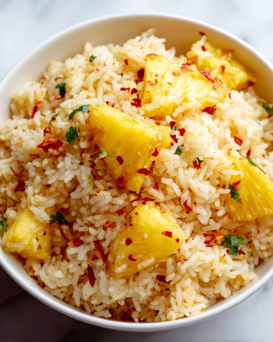 The image shows a close-up of a white bowl filled with cooked rice mixed with small pieces of yellow pineapple. The rice grains are fluffy and light brown, with visible red chili flakes sprinkled throughout for a bit of color and texture. There are small green herb bits scattered evenly, adding a fresh accent. The pineapple chunks are bright yellow, soft-looking, and mixed throughout the rice, creating a nice contrast in colors and textures. The background is a white marbled texture, making the bowl and food stand out. photo taken with an iphone --ar 4:5 --v 7