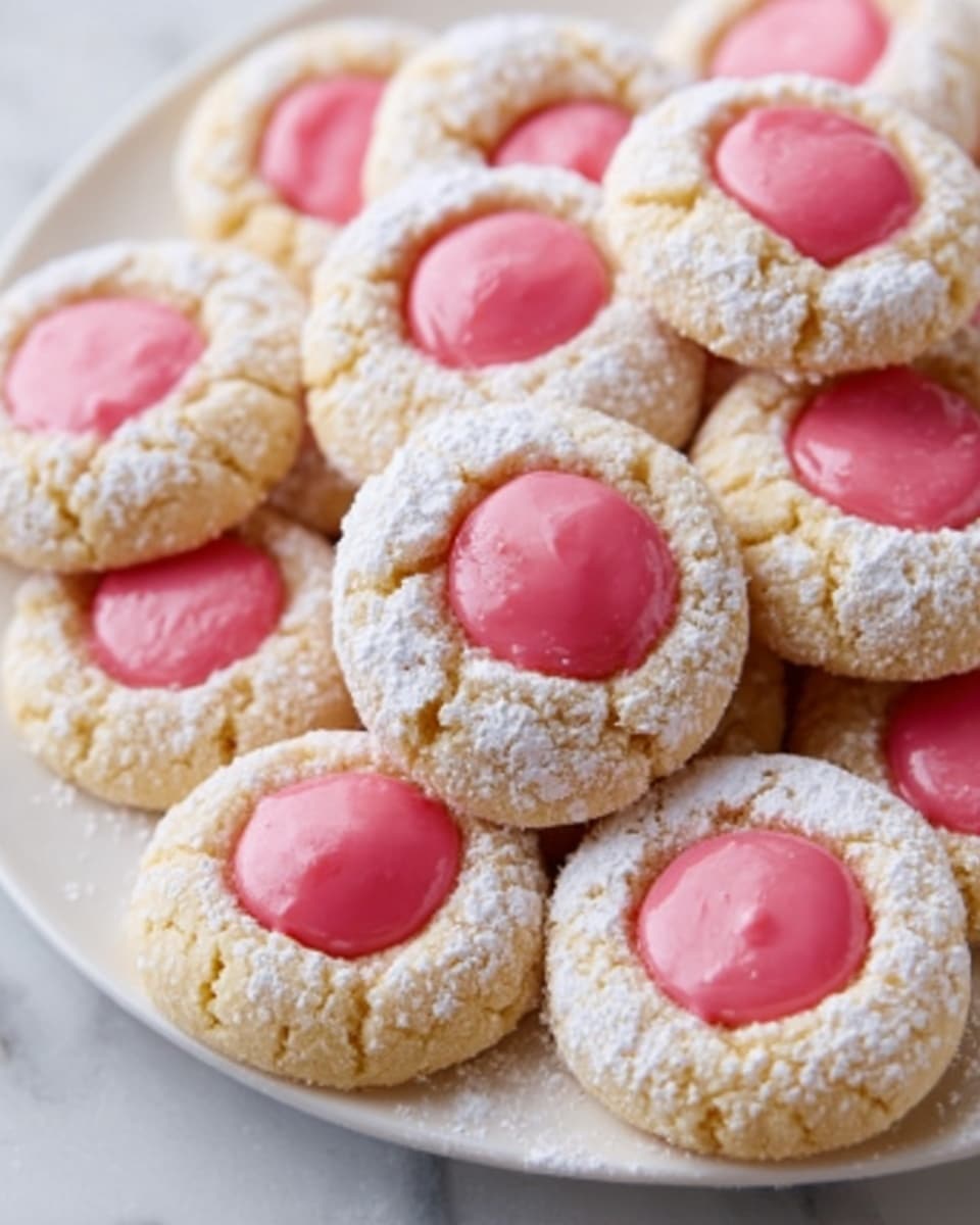 A group of round cookies arranged closely together on a white marbled surface, each cookie having a cracked light golden outer layer dusted with white powdered sugar. In the center of each cookie, there is a smooth, glossy pink filling that looks creamy and slightly shiny, contrasting softly with the matte texture of the powdered sugar around it. A woman's fingers are gently touching one cookie at the top left, showing the texture and size of the cookie. photo taken with an iphone --ar 4:5 --v 7