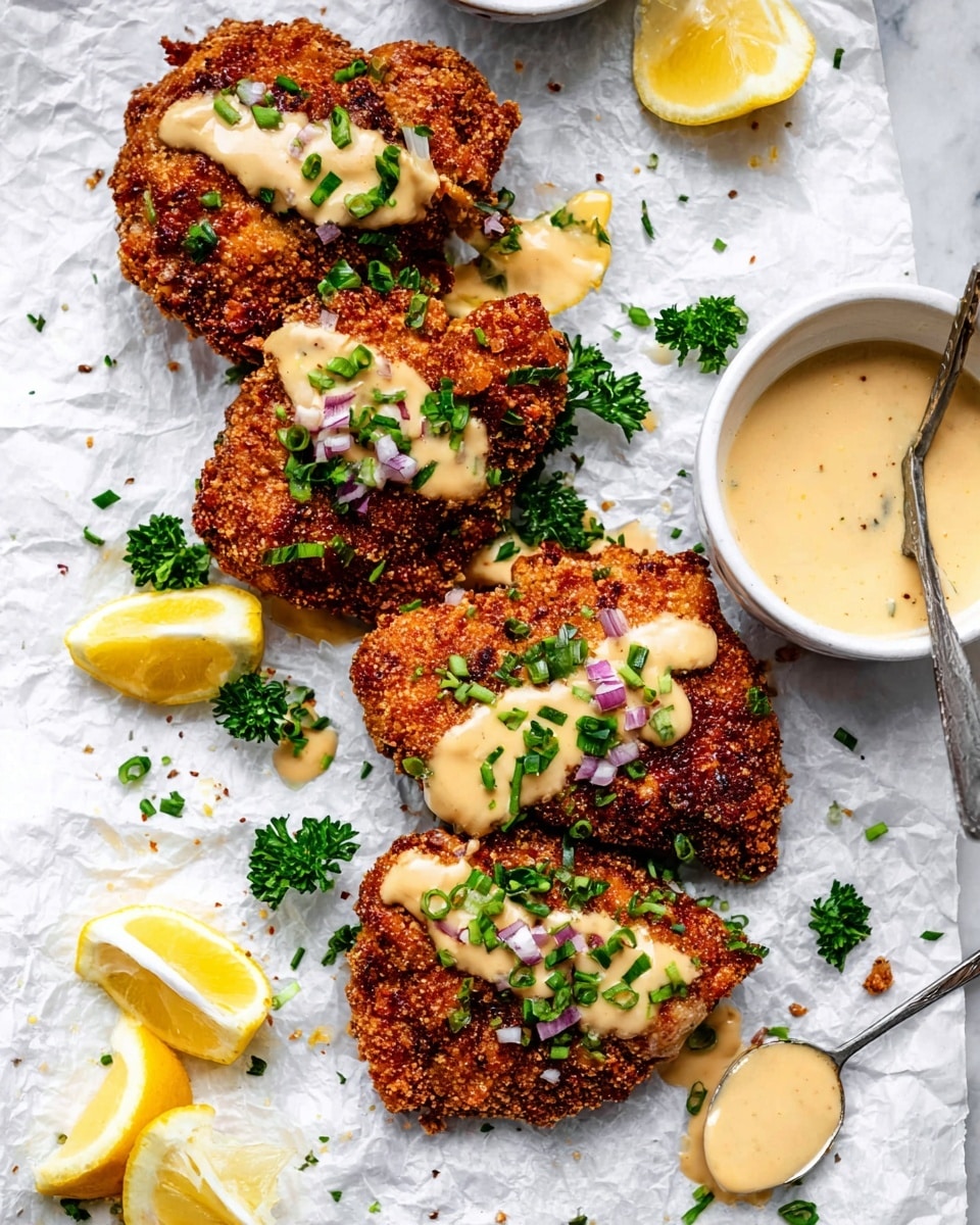 Four pieces of golden brown fried chicken with a rough, crispy texture lie on white crinkled paper over a white marbled surface. Each piece is drizzled with a light tan creamy sauce, dotted with black pepper, and sprinkled with small pieces of purple onion and green herbs. Around the chicken, there are fresh green parsley leaves and small lemon wedges adding bright yellow color. To the side, part of a white bowl with extra sauce and another white bowl with chopped green herbs are visible. A wooden spoon covered lightly with sauce rests below the chicken, with some sauce touching the paper. The scene has a bright, fresh feel with soft natural lighting. photo taken with an iphone --ar 4:5 --v 7