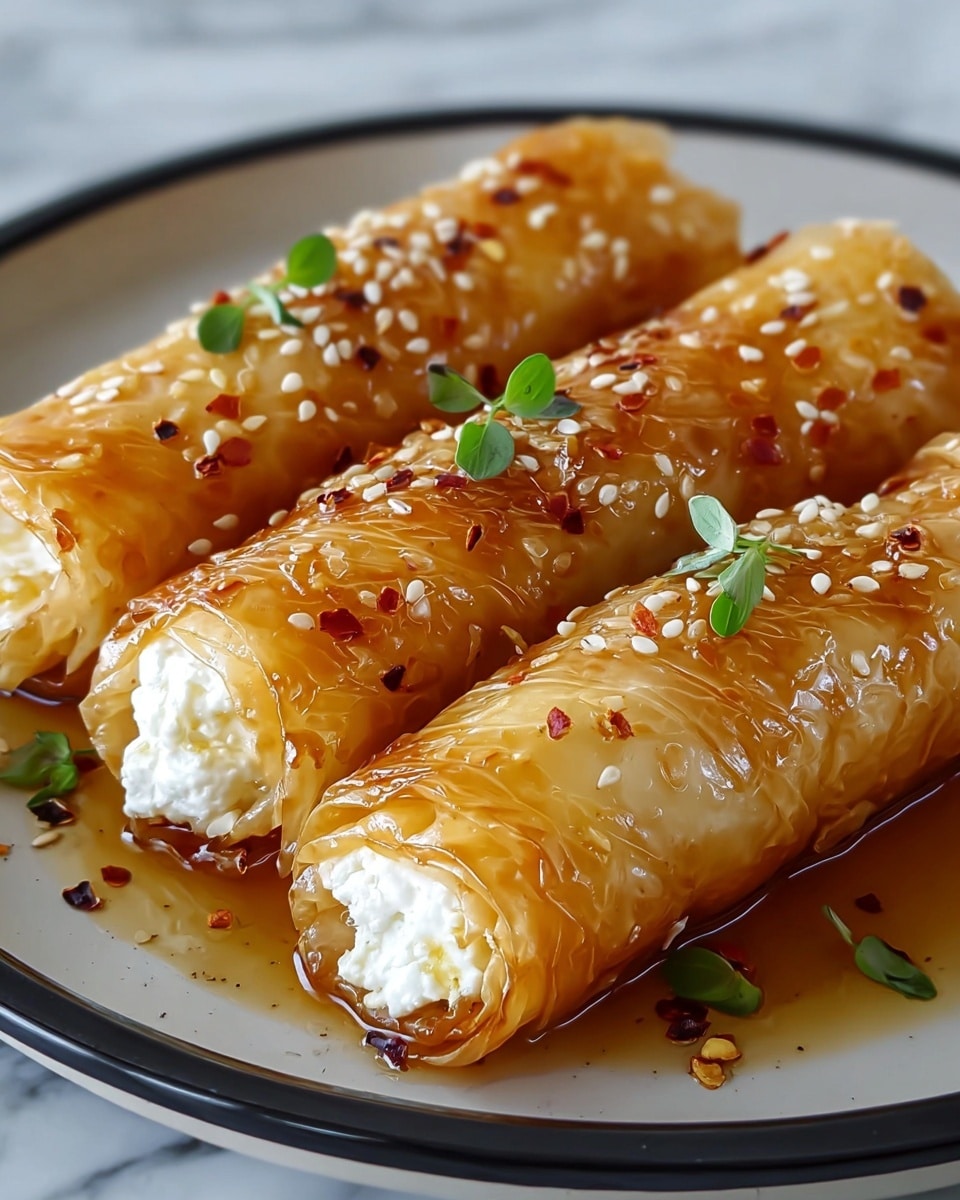 The image shows four golden brown, crispy rolls stacked on a round white plate with a white marbled texture surface beneath. Each roll is wrapped in thin, shiny layers of flaky pastry, slightly translucent, revealing a soft, white cheese filling inside. The rolls are sprinkled with white sesame seeds and small red chili flakes, and small green herb leaves are used as garnish on top. The shiny glaze on the rolls reflects light, making them look fresh and appetizing. photo taken with an iphone --ar 4:5 --v 7