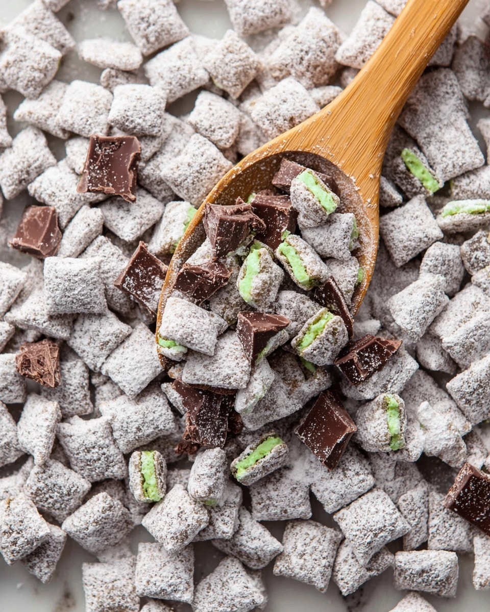 This image shows a close-up of a wooden spoon filled with a mix of small square pieces coated in white powder. The pieces have a rough texture and are mostly pale with specks of light brown. Mixed in with these squares are darker chocolate-like chunks with a smooth texture and some bright green and brown striped pieces scattered throughout. The spoon rests on a large pile of the same mixture, spread out on a white marbled surface. photo taken with an iphone --ar 4:5 --v 7