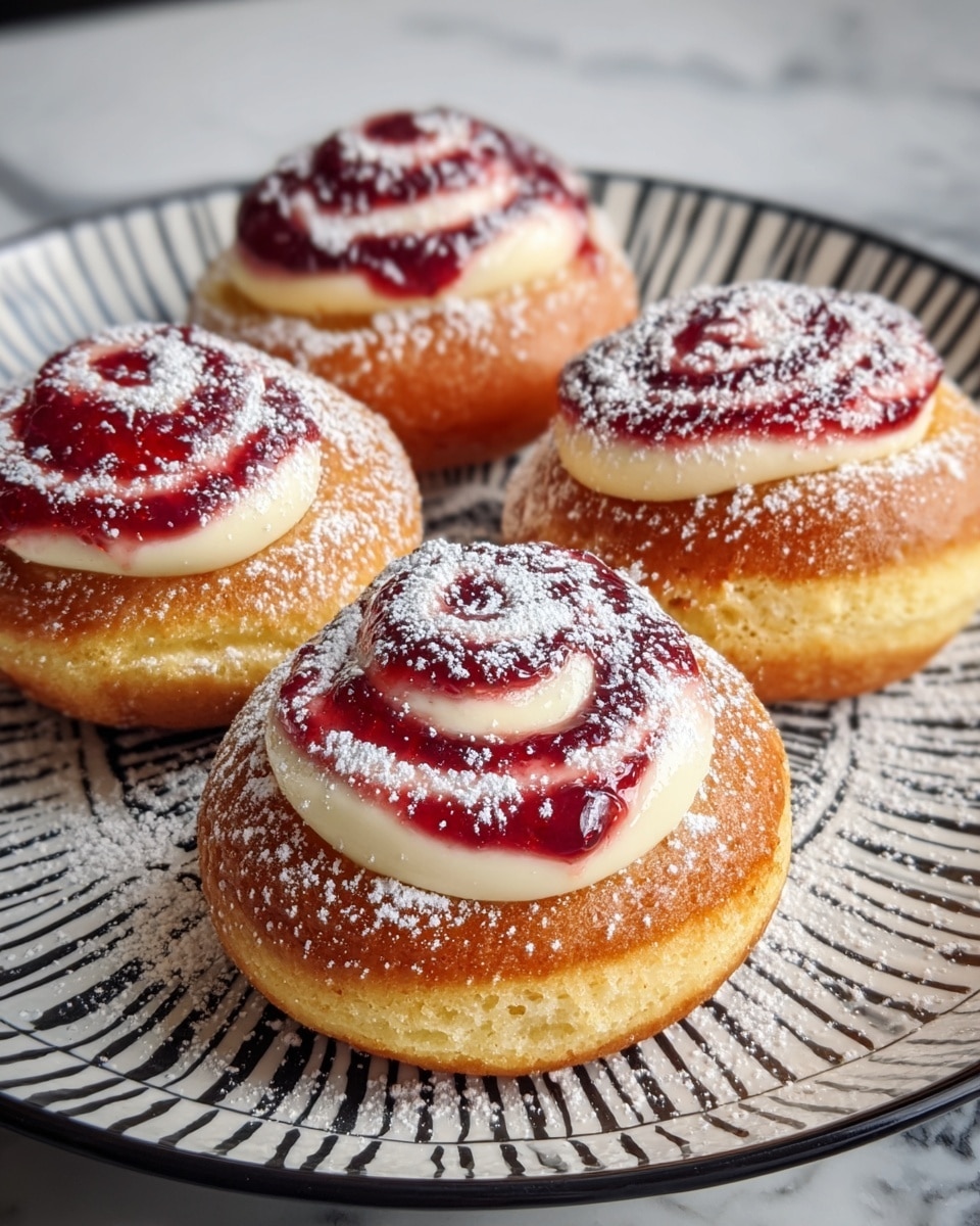 Four swirled pastries are arranged on a white plate with a black geometric pattern, placed on a white marbled surface. Each pastry has two layers: the bottom layer is golden yellow with a soft and moist texture, topped with a creamy white layer of frosting or cream in the middle. The top layer is a glossy, reddish-purple swirl that looks like fruit jam or glaze, dusted lightly with white powdered sugar. The pastries are close together, and some powdered sugar is sprinkled on the plate around them. photo taken with an iphone --ar 4:5 --v 7