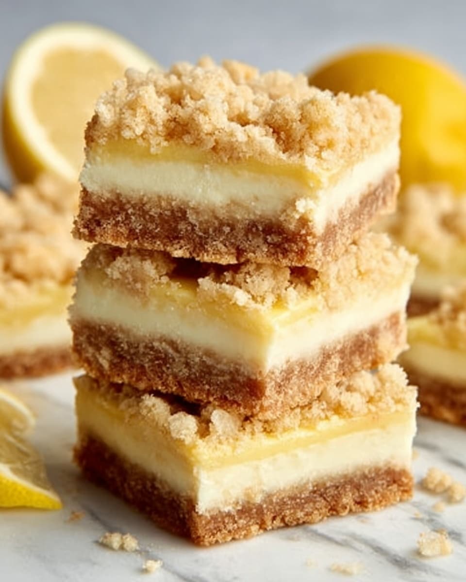 The image shows three square lemon crumb bars stacked on a white plate with a few lemon slices on a white marbled surface in the background. Each bar has three clear layers: the bottom layer is a light brown crumbly crust, the middle layer is thick and creamy pale yellow lemon filling, and the top layer is a crumbly golden-brown streusel topping. The crumb topping has a rough texture with uneven small clumps, while the lemon filling looks smooth and dense. The photo taken with an iphone --ar 4:5 --v 7