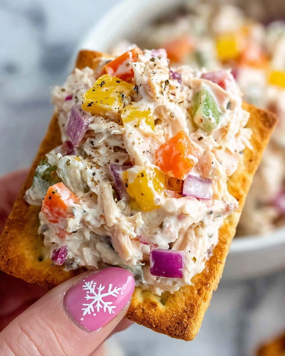 A close-up image shows a rectangular toasted cracker with a rough, lightly browned surface, topped with a mixed salad layer. The salad is creamy and light beige with visible scattered black pepper, chunks of red onion, small pieces of yellow bell pepper, and bits of carrot adding pops of red, purple, yellow, and orange colors. Crumbled white cheese is sprinkled throughout the salad, giving a slightly crumbly texture contrast. A woman's hand with pink nails and white snowflake designs is holding the cracker gently on the lower right edge. The background is softly blurred with another white bowl visible, all set on a white marbled surface. Photo taken with an iphone --ar 4:5 --v 7