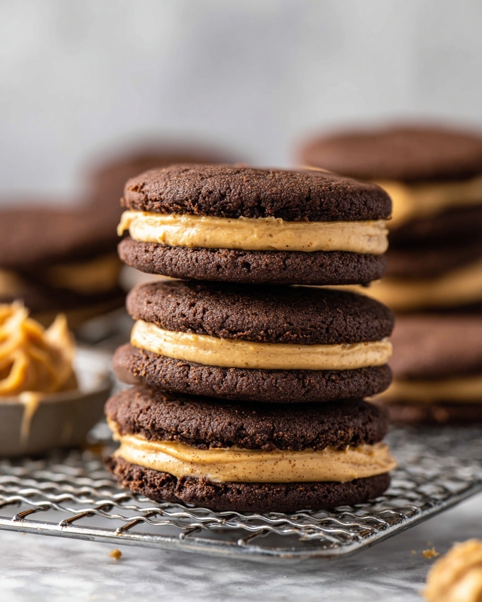 A close-up of a stack of three sandwich cookies on a white marbled textured surface with a metal wire rack. Each sandwich cookie has two dark brown, soft-textured chocolate cookies with a thick layer of creamy, light tan peanut butter filling in between. The filling looks smooth but slightly uneven, showing a rich and dense texture. In the background, there is a blurred stack of more chocolate cookies, and to the left, part of a single cookie with peanut butter filling is visible. The overall look is warm and inviting, with a soft focus on the cookie stack. photo taken with an iphone --ar 4:5 --v 7