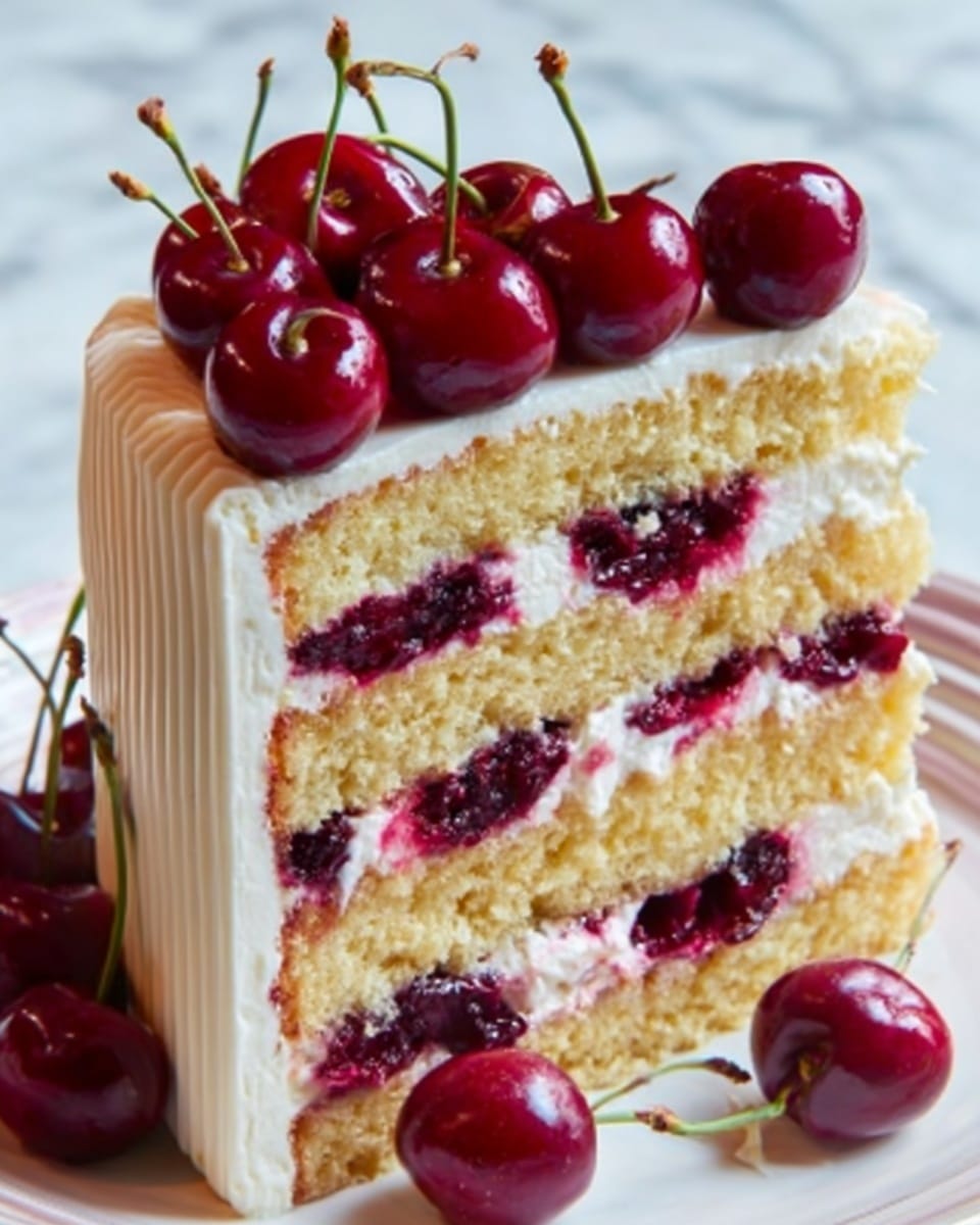 The image shows a tall slice of cake with four layers of light yellow sponge. Between the sponge layers, there are thick dark red cherry filling layers alternating with white creamy layers. The top of the cake is covered with smooth white cream and topped with a group of shiny dark red cherries with stems. The sides of the cake are covered with white cream with a slightly textured look. The cake is placed on a white marbled surface with a few loose cherries near the base. photo taken with an iphone --ar 4:5 --v 7