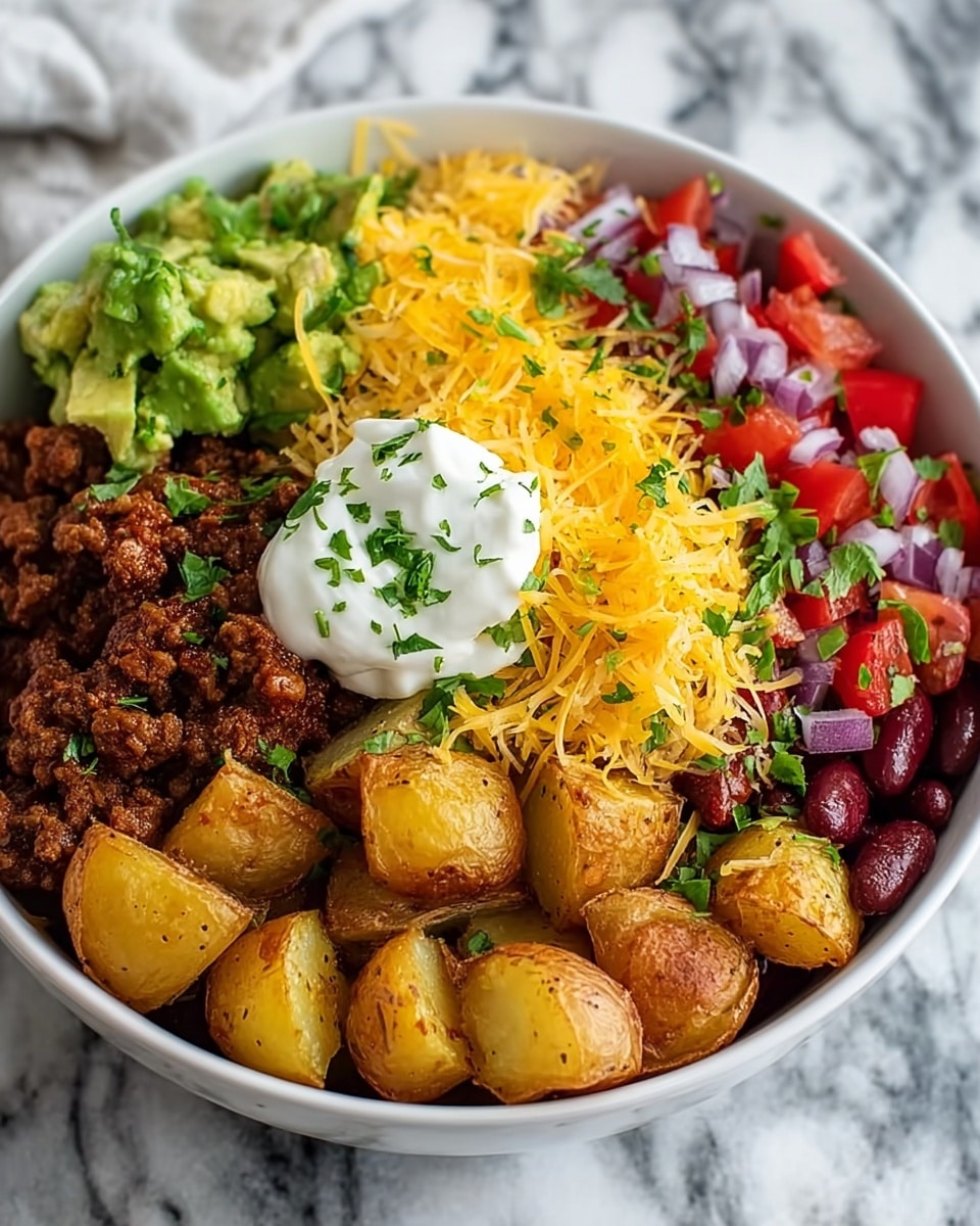 A white bowl sits on a white marbled surface, filled with a colorful layered dish. The bottom layer is golden roasted potato chunks spread evenly around the bowl. On one side, there is a thick layer of cooked ground meat mixed with dark red beans, dark brown and textured. Next to that, there is a bright red and fresh diced tomato salsa mixed with green taco onion pieces. On the other side, there is some light green smashed avocado chunks. In the center, a generous pile of bright yellow shredded cheddar cheese is topped with a dollop of smooth white sour cream garnished with small pieces of fresh green cilantro. Photo taken with an iphone --ar 4:5 --v 7
