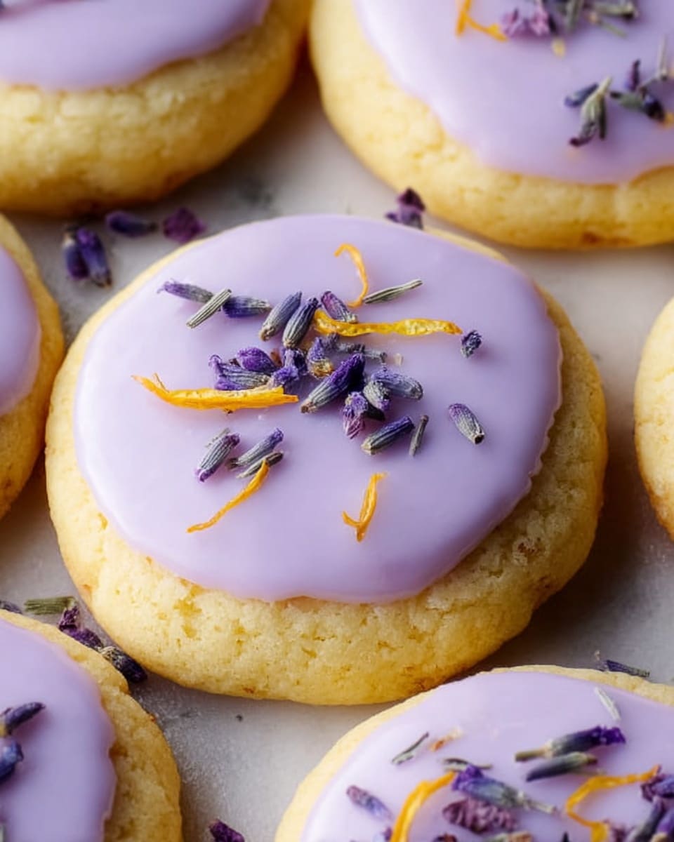 The image shows a close-up of round cookies with a light yellow base layer that looks soft and slightly crumbly. Each cookie has a smooth, pale purple icing layer spread evenly on top, with the icing covering most of the cookie but leaving a small border around the edge visible. Scattered on the purple icing are small, delicate dried flower petals in shades of deep purple, along with thin, curly orange zest bits that add visual contrast. The cookies are placed on a white marbled surface, and a woman's hand is gently holding one cookie at the side. photo taken with an iphone --ar 4:5 --v 7