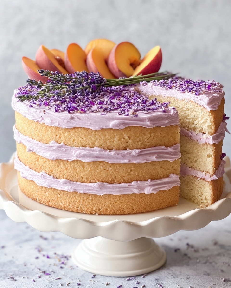 A three-layer cake with light yellow sponge layers separated by a pale purple frosting. The outside is covered in the same pale purple frosting, with a textured, slightly rough finish. The top of the cake is sprinkled densely with small purple flower buds. In the center on top, there are several whole peaches arranged in a small cluster, with a few sprigs of lavender and a small purple flower adding decoration. The cake sits on a white cake stand on a white marbled surface. Photo taken with an iphone --ar 4:5 --v 7