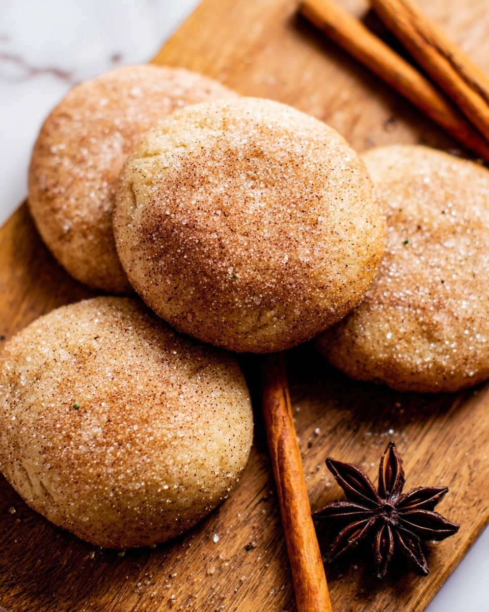 The image shows soft, round cookies covered with a light, grainy layer of sugar and cinnamon, each cookie having a slightly cracked surface with a pale beige color and darker specks inside. There are five cookies closely arranged, sitting directly on a wooden board, with a dark brown star anise placed near the center cookie and two cinnamon sticks crossing each other near the bottom right. The cookies look fresh and fluffy, with a slightly rough texture from the sugar coating. The background is changed to a white marbled texture. photo taken with an iphone --ar 4:5 --v 7