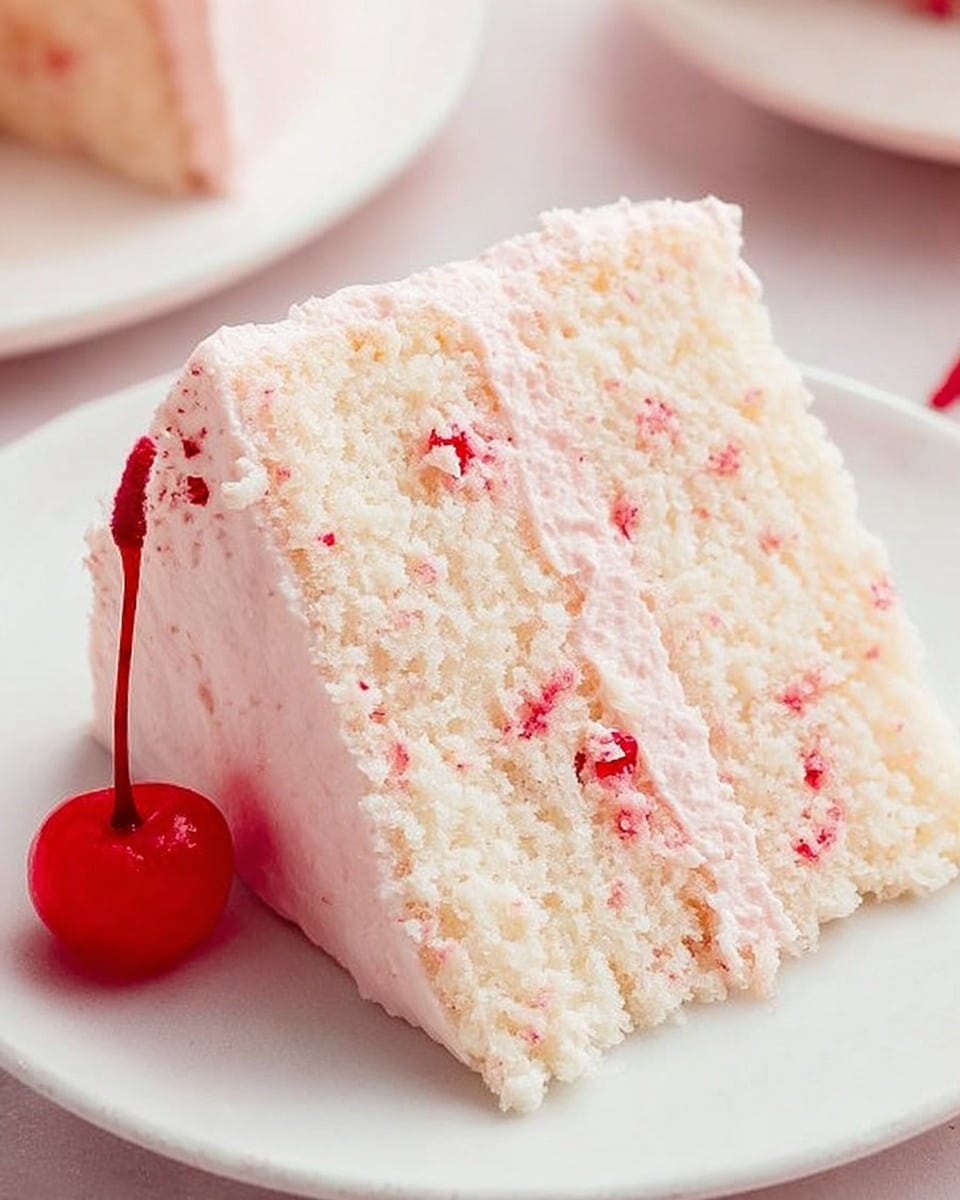 A slice of two-layer white cake is shown on a white plate, with pink frosting covering the entire cake including between the layers. The texture of the cake is soft and crumbly, while the frosting is smooth with small bits of red fruit mixed in. A small red cherry sits on the plate next to the cake slice. The background features a white marbled surface. photo taken with an iphone --ar 4:5 --v 7