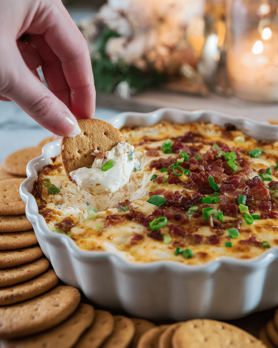 The image shows a creamy baked dip in a white ceramic dish with scalloped edges, the top layer golden brown with melted cheese and bits of crispy bacon scattered over it. There are green chopped onions sprinkled on top in small pieces, adding a fresh pop of color. A woman's hand is dipping a textured, round brown cracker topped with the creamy white dip into the dish. Around the dish, more round brown crackers are stacked and placed closely together. The dish sits on a white marbled surface, with soft candlelight and blurred decorative items in the background. photo taken with an iphone --ar 4:5 --v 7