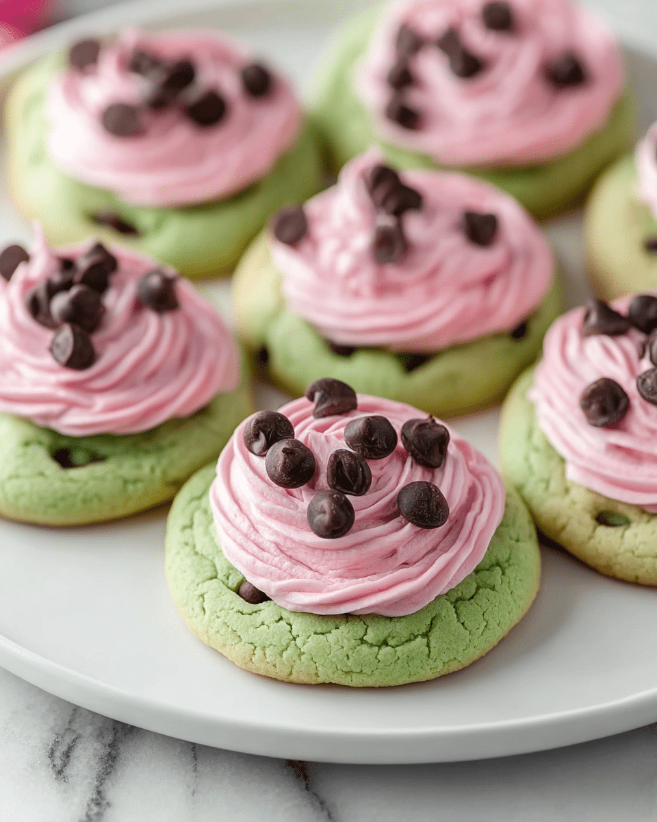 The image shows several green cookies with a soft texture, each topped with one layer of smooth, light pink frosting piped in a swirl pattern. On the pink frosting, there are small dark brown chocolate chips scattered unevenly on top, adding texture contrast. The cookies are arranged close together on a white plate, placed on a white marbled surface. The overall look is bright and colorful with a clear focus on the playful combination of green, pink, and dark brown colors. photo taken with an iphone --ar 4:5 --v 7
