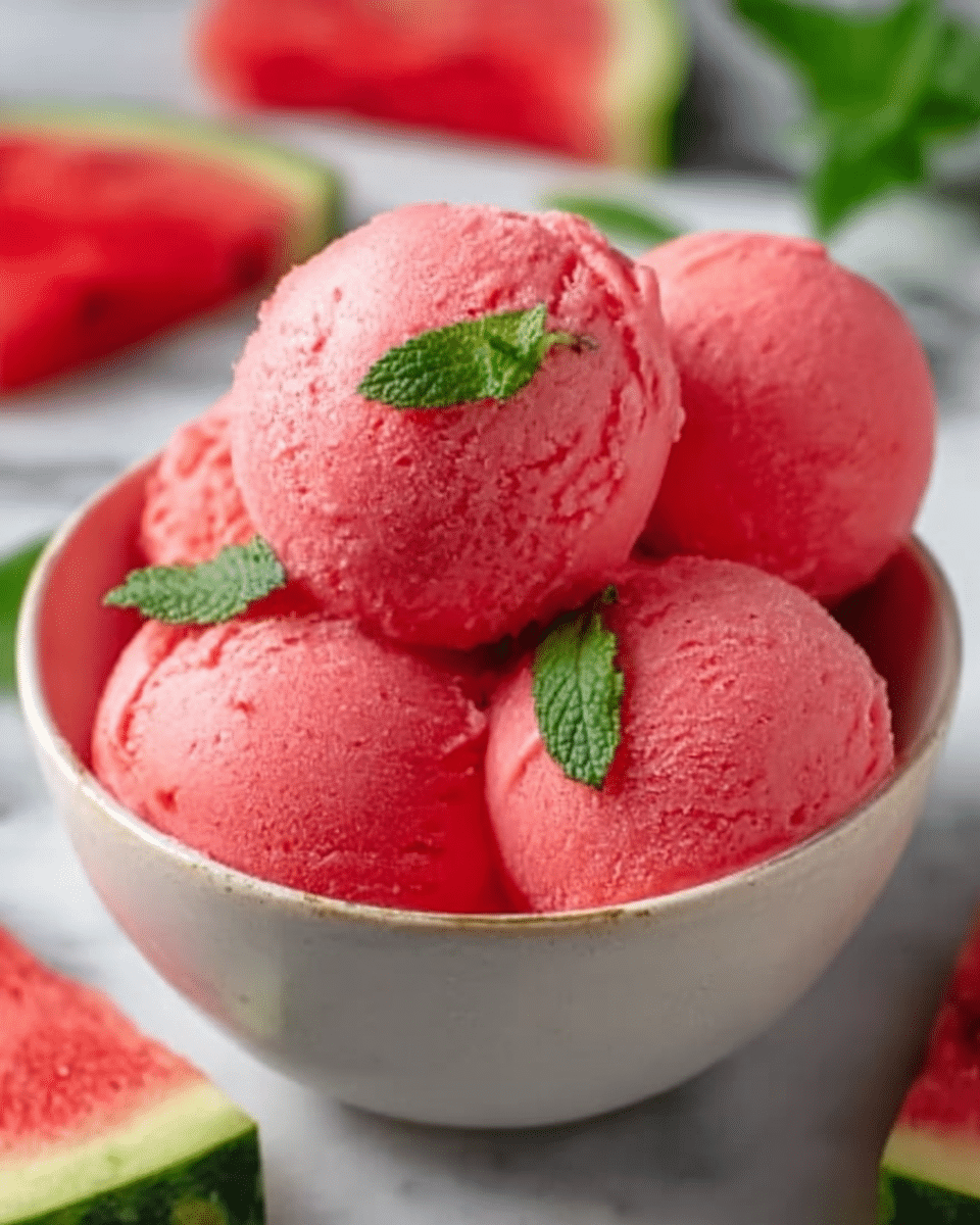 The image shows a white bowl filled with four round scoops of bright pink watermelon ice cream, each scoop smooth and slightly shiny. On top of the middle scoop, there are two small fresh green mint leaves placed for decoration. Around the bowl, there are blurred pieces of sliced watermelon with a red center and green rind, adding a fresh and colorful background. The bowl sits on a white marbled surface, highlighting the vibrant pink color of the ice cream. Photo taken with an iphone --ar 4:5 --v 7
