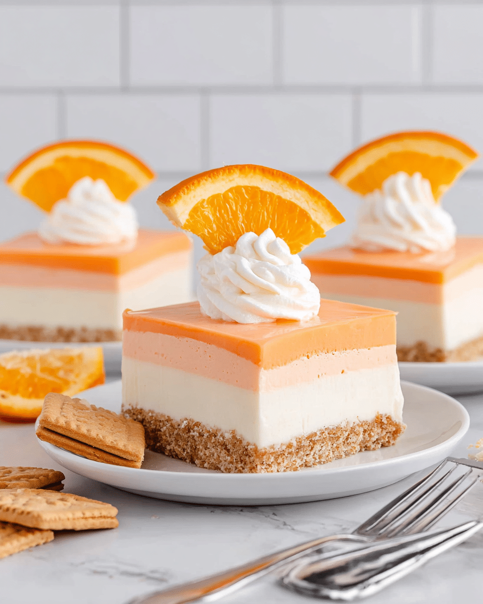Three pieces of layered orange dessert are shown on white plates with a white marbled surface underneath. Each dessert has three layers: a rough light brown bottom crust, a smooth white middle layer, and a smooth light orange top layer. On top of each dessert is a swirl of white whipped cream topped with a bright orange slice standing upright. Vanilla wafer cookies sit on the plate next to the dessert along with silver forks. The background is a white tiled wall. photo taken with an iphone --ar 4:5 --v 7