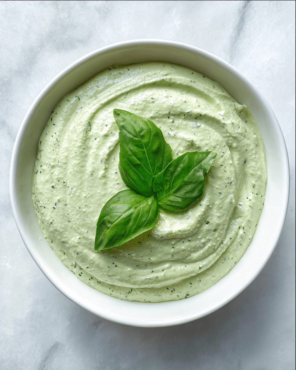A single layer of creamy, light green dip with small green flecks is smoothly spread inside a white bowl, with gentle swirls giving texture to the top. In the center, three fresh, vibrant green basil leaves are neatly placed as garnish. The bowl sits on a white marbled surface, adding subtle light reflections around it. photo taken with an iphone --ar 4:5 --v 7