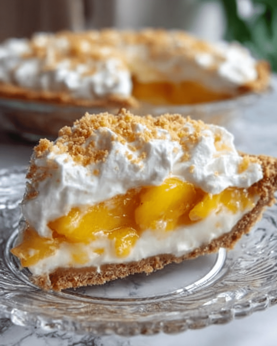 A close-up image of a slice of pie on a clear glass plate with decorative edges, set on a white marbled surface. The slice has three visible layers: the bottom crust is golden brown and crumbly, the middle layer is creamy white and smooth, topped with bright, glossy yellow peach slices. The top layer is fluffy white whipped cream with small crumbled golden brown pieces sprinkled over it. The whole pie, matching the slice, is blurred in the background. Photo taken with an iphone --ar 4:5 --v 7