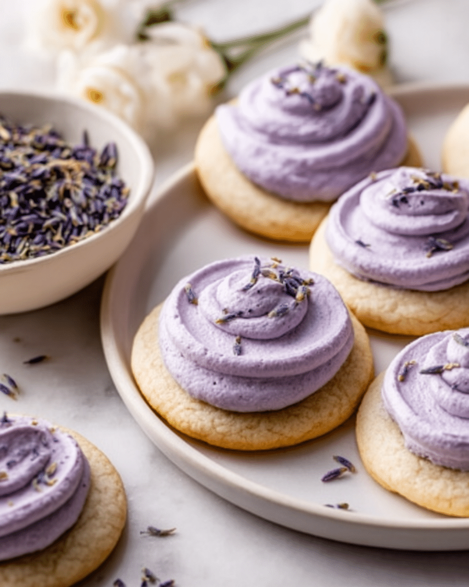 The image shows a close-up of soft round cookies each topped with one thick swirl of pale purple frosting with a smooth and creamy texture, garnished with small dried purple flower petals on top. The cookies rest on a white plate placed on a white marbled surface. To the side, there is a white bowl filled with dried purple flower buds. Some loose white flowers are also placed near the bowl, adding to the soft, delicate feel of the scene. Photo taken with an iphone --ar 4:5 --v 7