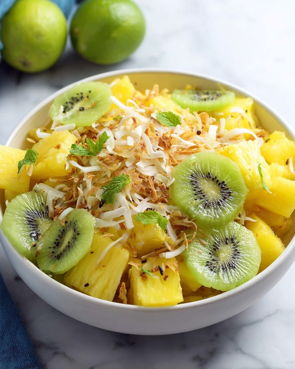 The image shows a white bowl filled with a fresh fruit salad with two main layers. The bottom layer contains bright yellow pineapple chunks cut into small cubes, with a juicy and firm texture. On top of the pineapple, there are thin, round slices of green kiwi with visible black seeds and soft flesh. The salad is garnished with small green mint leaves and light brown toasted coconut flakes scattered evenly over the top, adding texture. The bowl is placed on a white marbled surface, with two halved green limes visible in the background. photo taken with an iphone --ar 4:5 --v 7