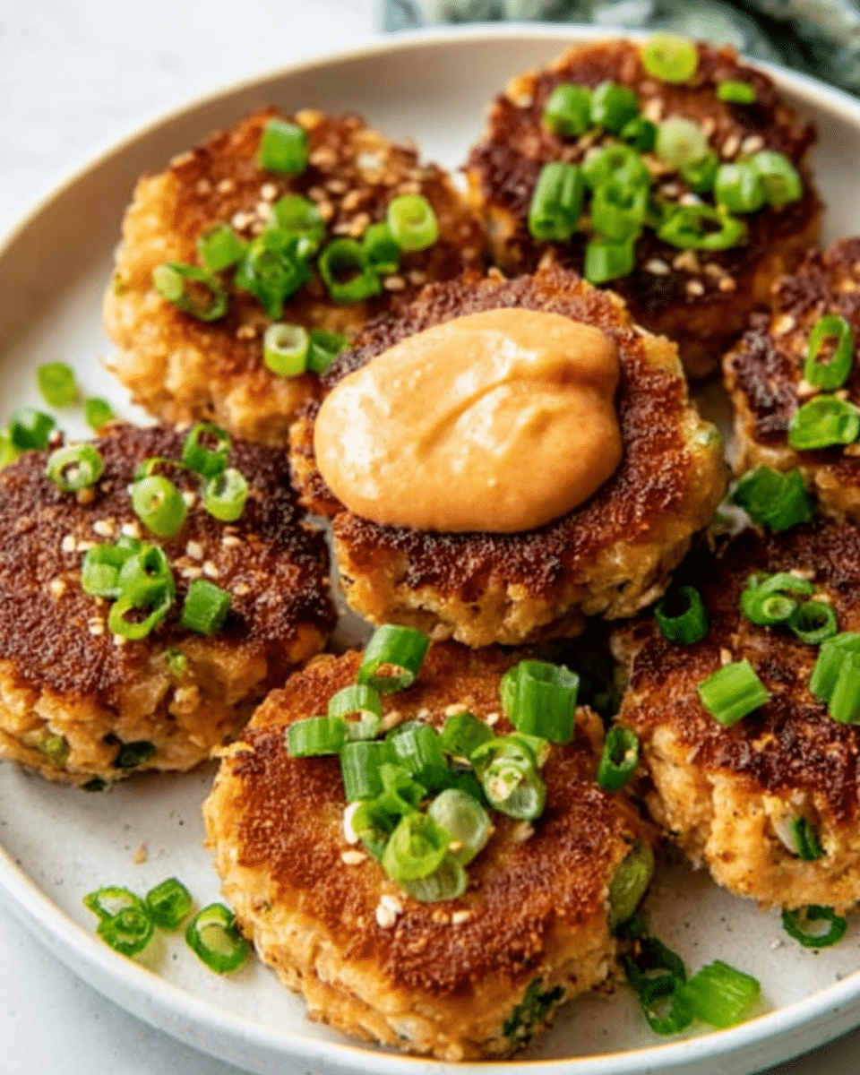 The image shows a white plate filled with six round, golden-brown patties that have a slightly crispy texture. Each patty is topped with finely chopped green onions scattered on top, adding a fresh green color contrast. One patty in the center has a smooth dollop of light orange sauce, creating a creamy texture on top. The background is a white marbled surface, which emphasizes the colors and details of the food. photo taken with an iphone --ar 4:5 --v 7