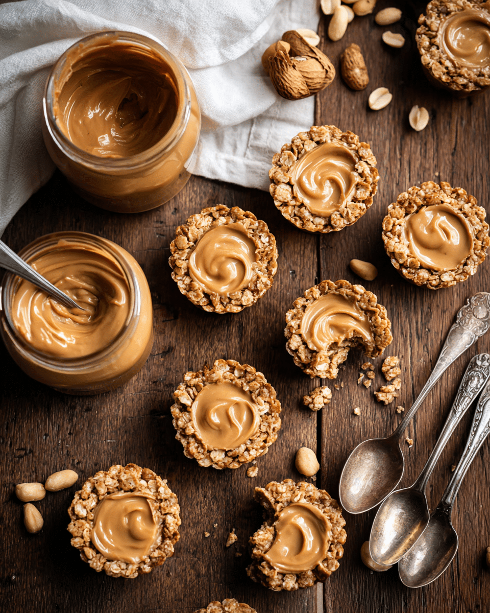 The image shows small treat cups made of crispy cereal shaped in round, shallow molds, filled with a smooth, creamy peanut butter layer on top. There are eight cups in total, some whole and some with bites taken out, revealing the crunchy cereal texture underneath the peanut butter. Two open jars of creamy peanut butter are also visible, one partially used with a spoon inside and the other full with smooth swirls on top. Scattered around the cups and jars are loose peanuts, adding more texture to the dark brown wooden surface. A white marbled cloth is partly seen in the upper left, and two vintage silver spoons lie diagonally on the lower right side. Photo taken with an iphone --ar 4:5 --v 7