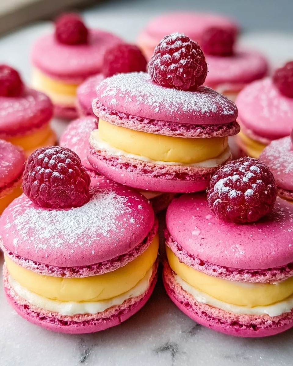 The image shows a close-up of a pile of pink macarons arranged on a white marbled surface. Each macaron has two smooth, round pink shells with a slightly crunchy outer texture and a thick layer of bright yellow creamy filling in the middle. Some macarons are dusted with a light sprinkling of white powdered sugar on top. A few fresh red raspberries are placed among the macarons, with one raspberry sitting on top of a macaron in the center. The scene is brightly lit, showing the vibrant colors and delicate textures of the macarons and raspberries clearly. Photo taken with an iphone --ar 4:5 --v 7