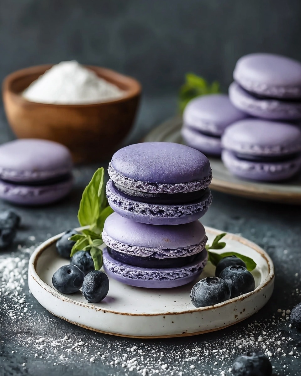 A white plate holds a stack of three light purple macarons with smooth, slightly shiny tops and darker purple filling in the middle of each. Around the macarons, plump blueberries are scattered, some close to the plate edge and some on the white marbled surface below. A fresh green mint leaf rests beside the bottom macaron on the plate. In the background, there is a wooden bowl blurred out filled with powdered sugar and another wooden plate with more purple macarons stacked gently. The whole scene is set on a white marbled textured surface with a soft dark backdrop, highlighting the colors of the macarons and blueberries. photo taken with an iphone --ar 4:5 --v 7