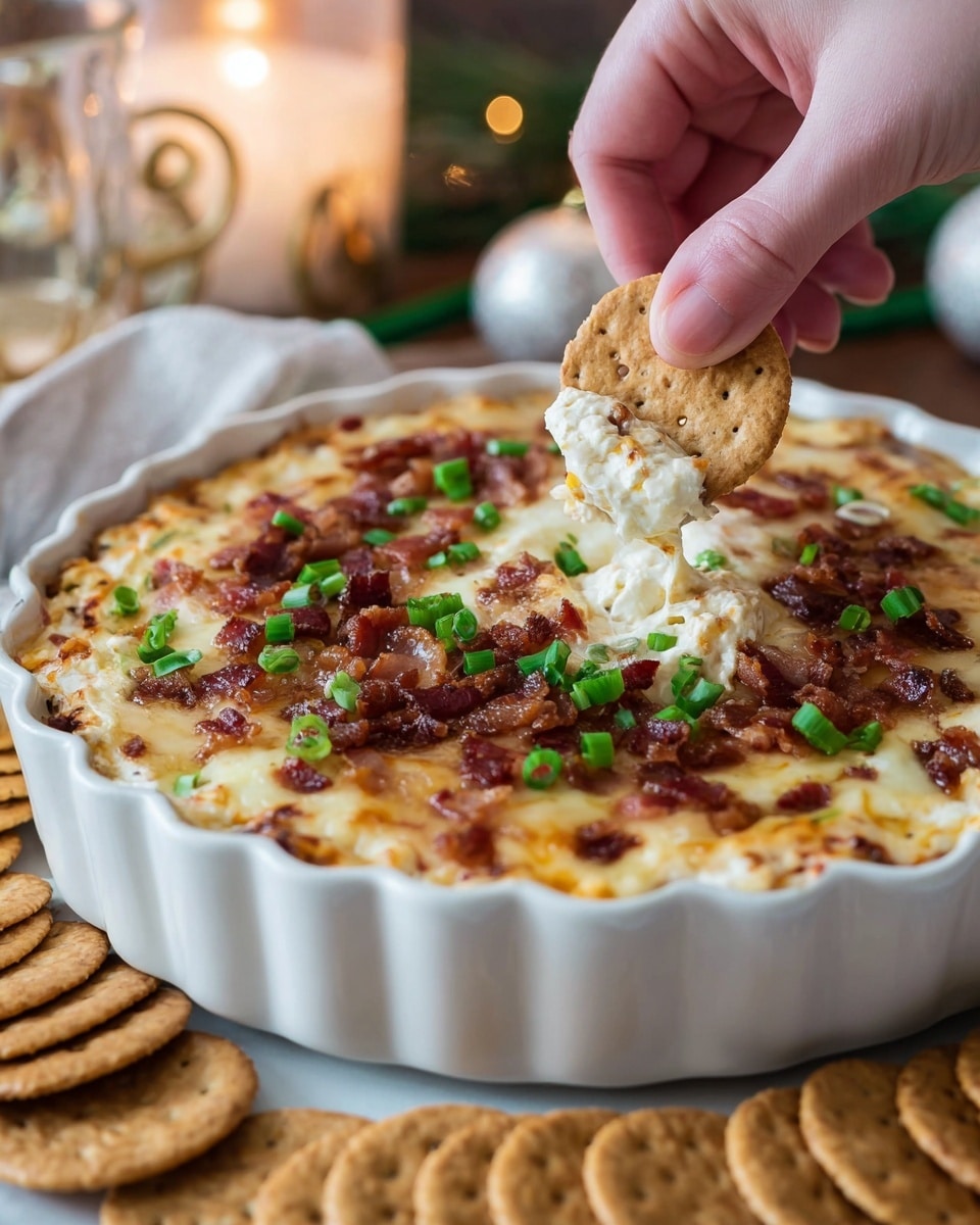 A woman's hand is dipping a round cracker into a shallow white dish filled with a baked dip that has a golden, slightly browned cheesy top layer sprinkled with small pieces of crispy bacon and chopped green onions. The dip shows a creamy layer beneath the browned top with bits of bacon and green onions visible. The white dish has a fluted edge and rests on a white marbled surface surrounded by stacks of round, light brown crackers with a patterned texture. In the soft background, a lit candle emits a warm glow adding a cozy atmosphere. Photo taken with an iphone --ar 4:5 --v 7