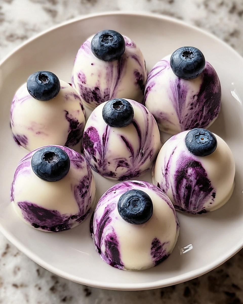 The image shows seven small, round desserts placed closely on a white plate with a raised, decorative edge. Each dessert has a smooth, glossy surface with a marbled pattern of creamy white and deep purple swirls. On top of every dessert sits a single fresh blueberry, adding a touch of dark blue color. The desserts have a shiny, slightly reflective finish, and the white plate is set on a white marbled surface with blurred background elements. Photo taken with an iphone --ar 4:5 --v 7