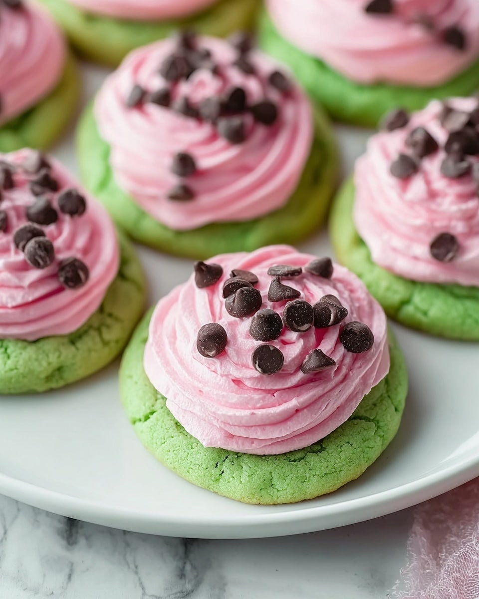 This image shows a plate of small, round green cookies as the base layer, which looks soft and slightly cracked. On top of each cookie is a thick swirl of smooth, pink frosting, creating a second layer with visible ridges from the piping. Scattered on the pink frosting are several dark brown chocolate chips, adding small, shiny, and slightly rough texture as the third layer. The cookies are placed close together on a white plate resting on a white marbled surface. Photo taken with an iphone --ar 4:5 --v 7