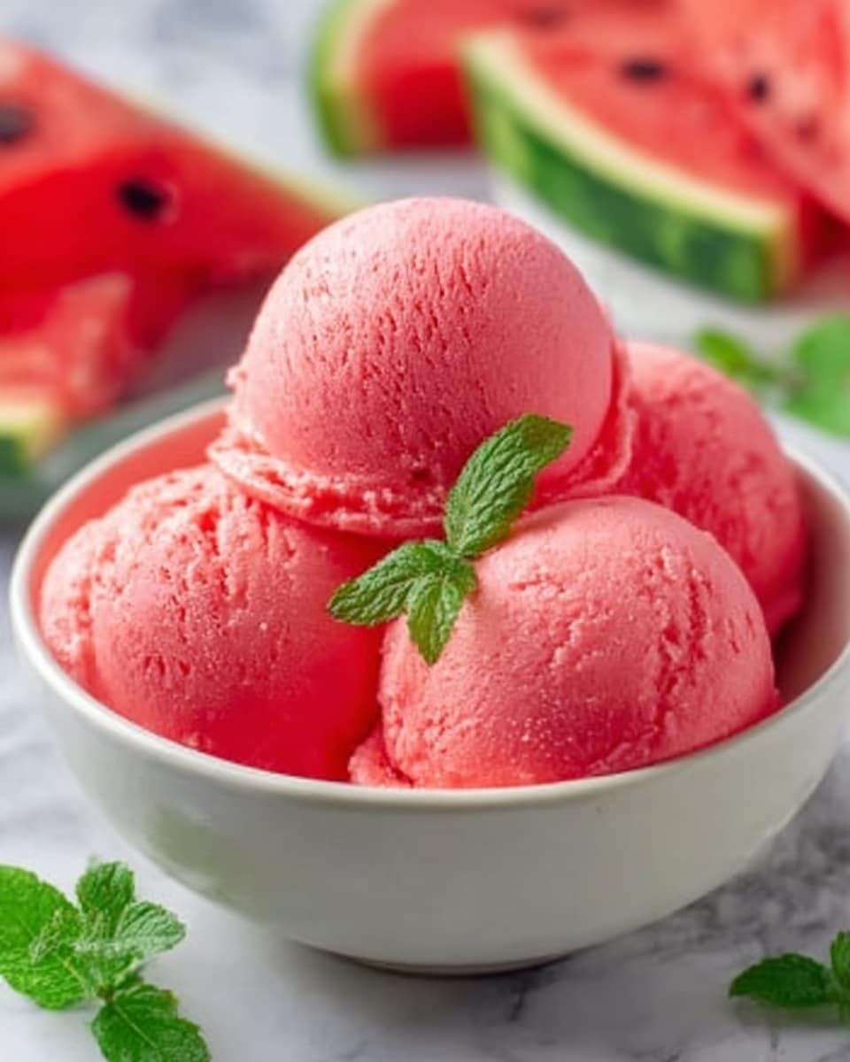 A bowl with four scoops of bright pink watermelon sorbet stacked neatly inside, the sorbet looks smooth and creamy with a soft texture. On top, a small fresh mint leaf adds a touch of green contrast. The bowl is white with subtle gray stripes and sits on a white marbled surface. In the background, blurred slices of watermelon add context and color. photo taken with an iphone --ar 4:5 --v 7