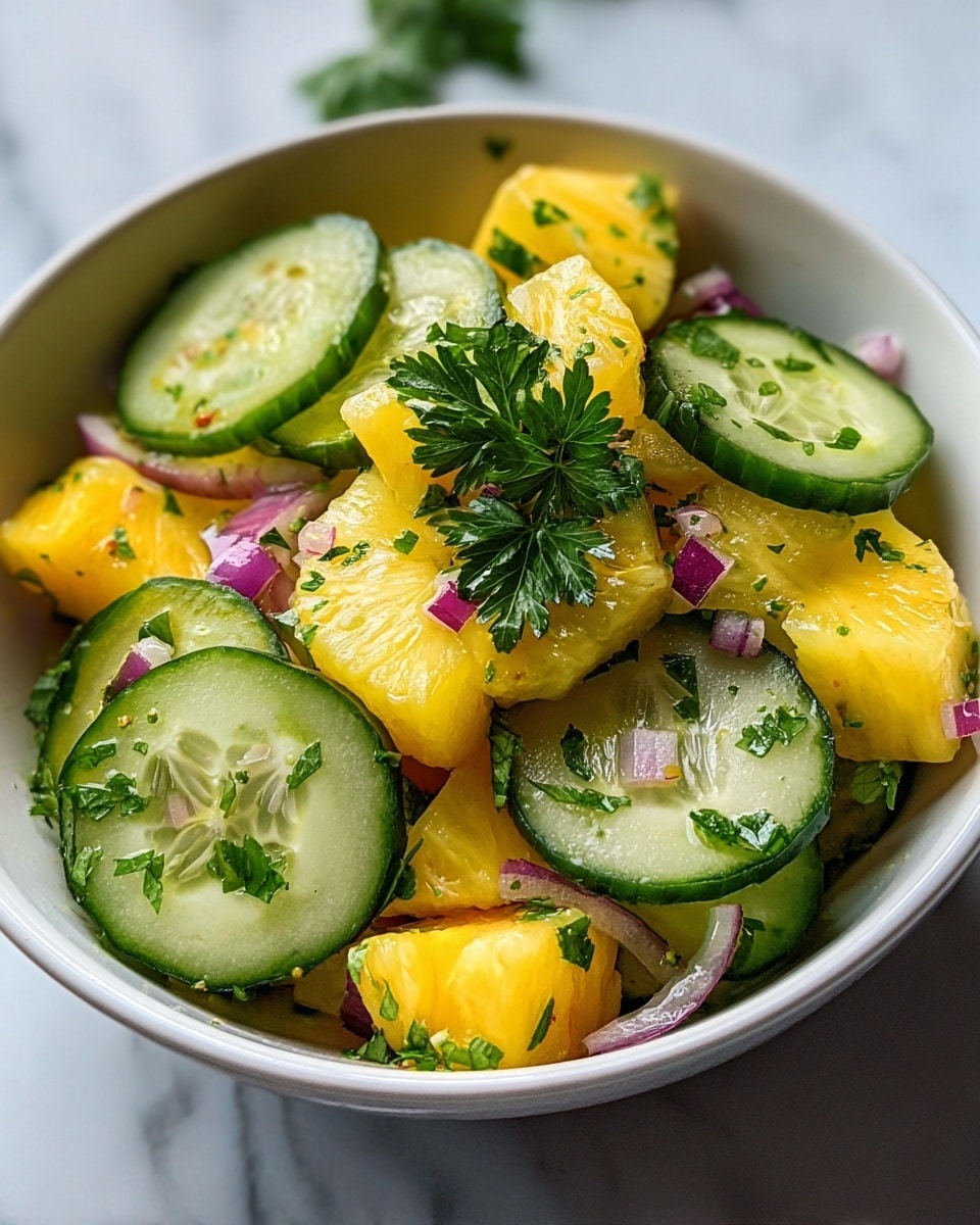 A close-up view of a white bowl filled with a fresh salad made of round, green cucumber slices with visible seeds and bright yellow pineapple chunks cut into small pieces. The salad is sprinkled with finely chopped green herbs, which add texture and color, and small bits of red onion are scattered throughout. A small sprig of green parsley is placed on top as a garnish. The bowl is set on a white marbled background, and the ingredients reflect a light shine, showing freshness. photo taken with an iphone --ar 4:5 --v 7