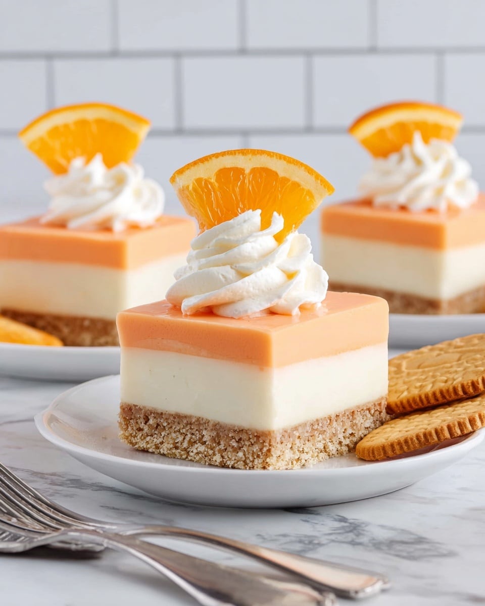 The image shows three square slices of a layered dessert on white plates, each slice made up of three layers: a crumbly brown base at the bottom, a smooth white middle layer, and a thick orange top layer. Each slice is topped with a swirl of white whipped cream and a fresh orange slice placed upright behind the cream. Two brown cookies rest on one of the plates next to the dessert. A silver fork is laid on the plate in the foreground. The setting is on a white marbled surface with a white tiled background, creating a clean and bright atmosphere. photo taken with an iphone --ar 4:5 --v 7