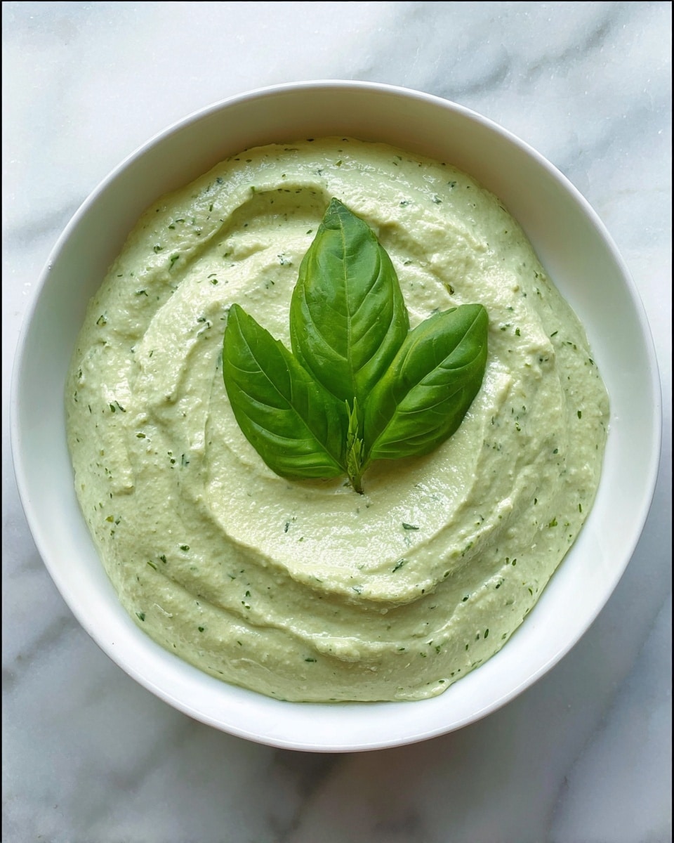 A white bowl holds a single thick layer of pale green creamy dip with a smooth, slightly textured surface showing small green specks inside. On the center top of the dip, there is a small sprig of three fresh, vibrant green basil leaves. The bowl sits on a white marbled textured surface, creating a clean and fresh look. photo taken with an iphone --ar 4:5 --v 7