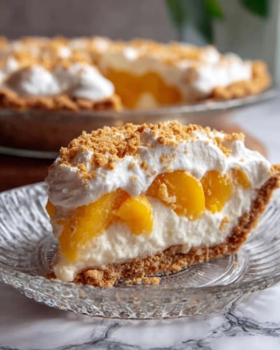 The image shows a close-up of a pie slice on a clear glass plate. The pie has three visible layers: a crumbly brown crust forming the base and edges, a thick white creamy middle layer, and a bright yellow fruit filling with chunks on top of the cream. The pie is topped with a fluffy white layer that looks like whipped cream, sprinkled with small brown crumbs. The background has a white marbled surface, and the whole pie is blurred in the back. Photo taken with an iphone --ar 4:5 --v 7