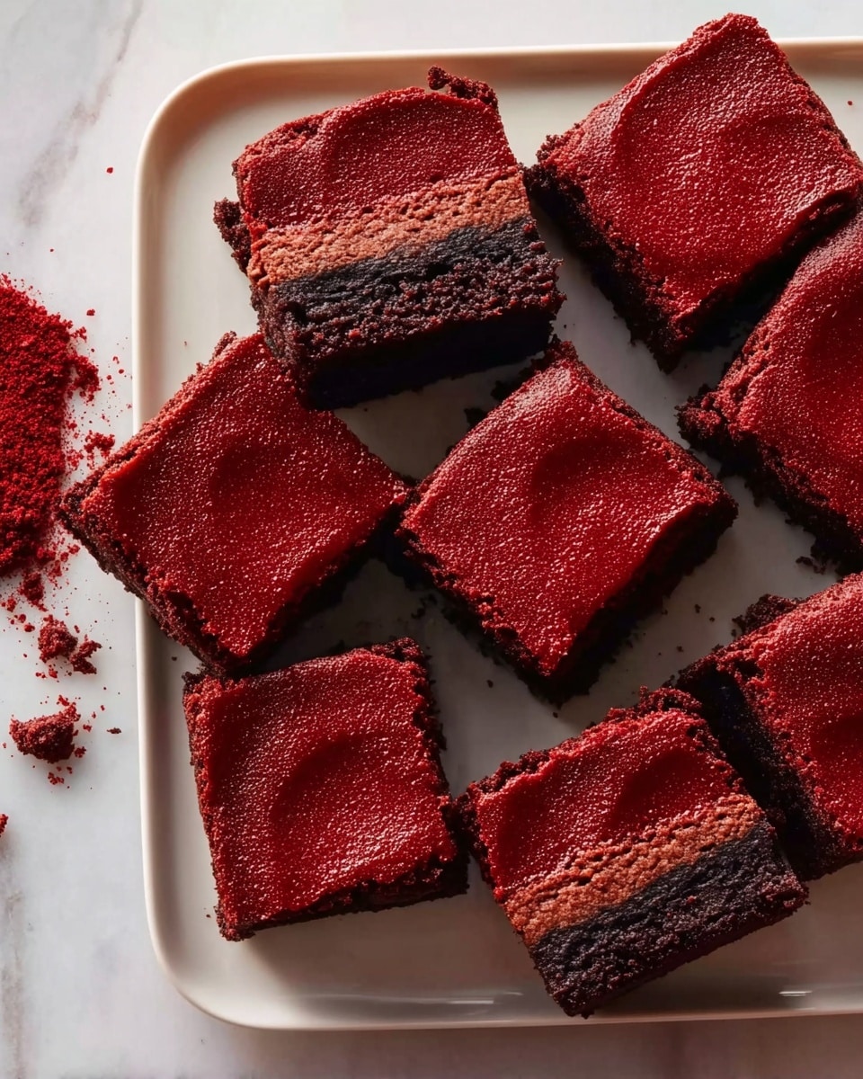 A white rectangular tray holding nine square brownie pieces with a rich, dark brown base and a vibrant, smooth red layer on top. Each brownie is cut cleanly, showing a soft and slightly crumbly texture. There are some red crumbs scattered near the tray on a white marbled surface. The lighting highlights the shiny, moist tops of the brownies, making the red layers look glossy and fresh. Photo taken with an iphone --ar 4:5 --v 7