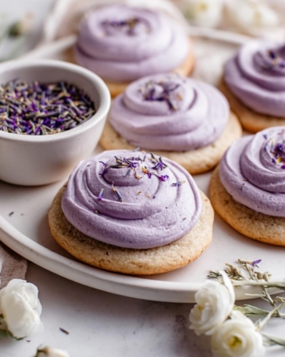 The image shows a plate of several round sugar cookies, each topped with one thick layer of smooth, swirled light purple frosting. The frosting is glossy and creamy, with small lavender flower petals sprinkled on top for decoration. The cookies are light golden brown with a soft texture. The white oval plate sits on a white marbled surface, and nearby there is a small white bowl filled with dried lavender buds. A white flower is placed next to the bowl. Photo taken with an iphone --ar 4:5 --v 7