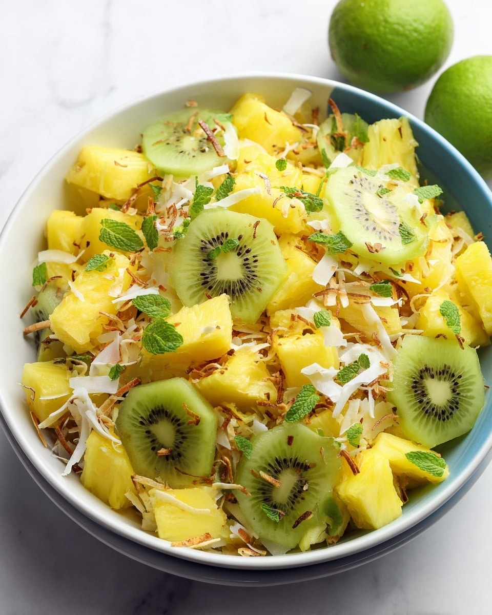 A close-up view of a fruit salad inside a white bowl, with visible three main layers: large yellow pineapple chunks at the base, topped with bright green kiwi slices showing their black seeds and light green flesh, and finished with a sprinkling of toasted white coconut flakes. Small green mint leaves are scattered throughout, adding bright green spots on the yellow and green fruits. The bowl is placed on a white marbled surface, and there are halved limes in the background out of focus. Photo taken with an iphone --ar 4:5 --v 7