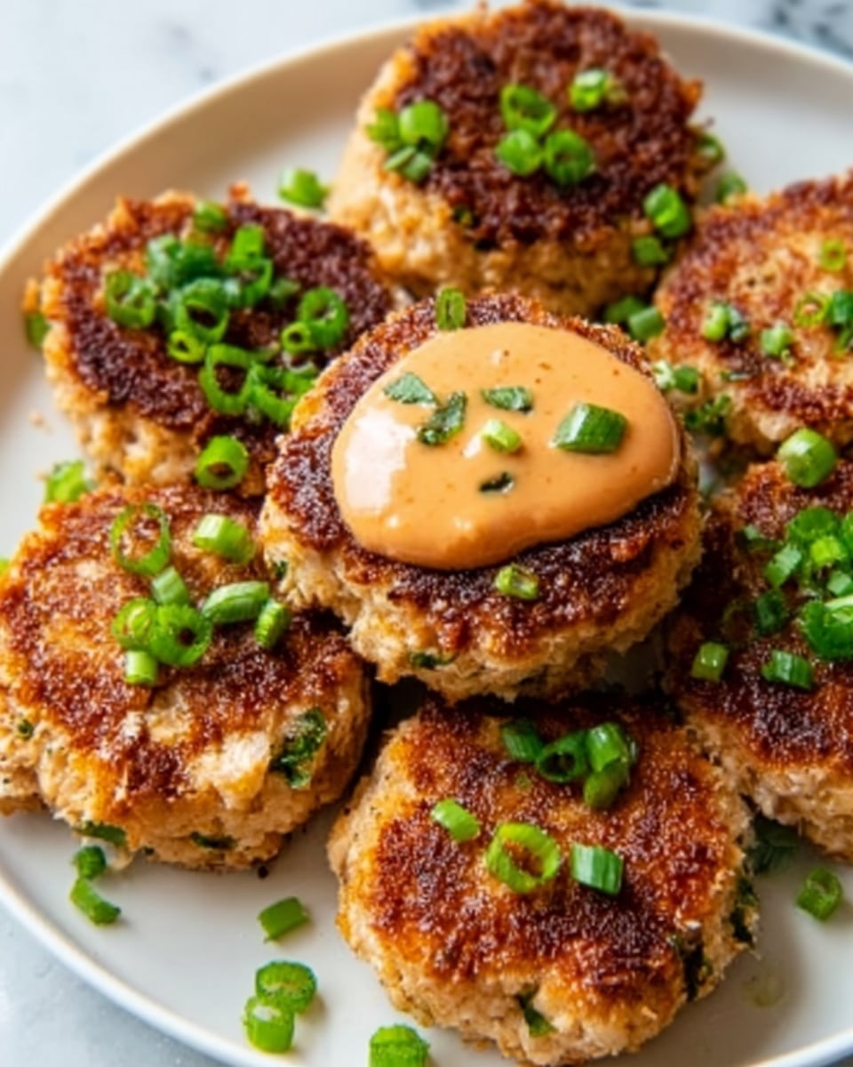 A white plate holds seven golden brown patties with a crispy texture, each topped with small green chopped scallions. The center patty is decorated with a dollop of light orange creamy sauce, sprinkled with sesame seeds and more scallions. The patties have a slightly rough surface showing bits of cooked ingredients inside. The background is a white marbled texture, adding a clean and bright feel to the image. Photo taken with an iphone --ar 4:5 --v 7
