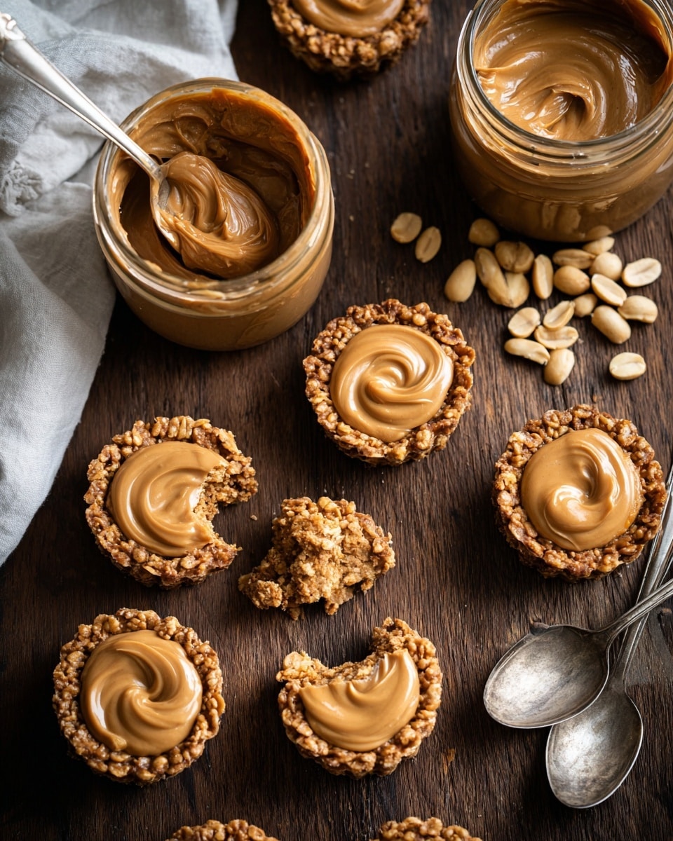 The image shows seven small tartlets arranged on a dark wooden surface, each tartlet having two layers: a crunchy, light golden base made of puffed grains, and a smooth, creamy milk chocolate layer on top with slight swirls. Two glass jars filled with the same milk chocolate spread are at the top of the image, one jar open with a woman's hand dipping into the chocolate. Scattered light brown puffed grains are spread around the tartlets and jars. A rustic metal spoon lies on the right side, with some puffed grains near it. The overall scene is warm and cozy with natural lighting, photo taken with an iphone --ar 4:5 --v 7